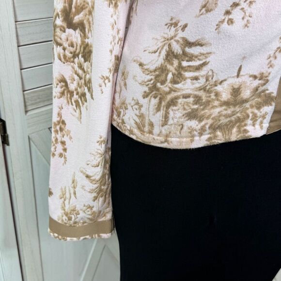 Shae Anthropologie Floral Ribbon Trim Cardigan Sweater Pink Tan Large - Picture 6 of 11
